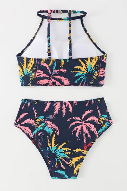 Tropical Palm Print Bikini Set – Sexy High Neck Brazilian Two-Piece