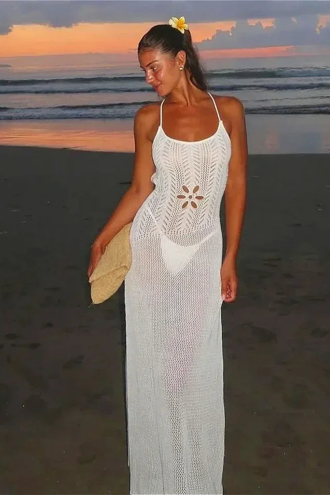 Sexy Knitted Floral Cut-Out Backless Beach Maxi Dress for Women - White