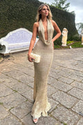 Sexy Beige Plunging U Neck Knit Maxi Beach Dress