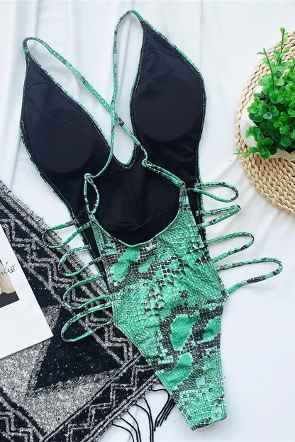 Sexy Deep V Snake Skin One Piece