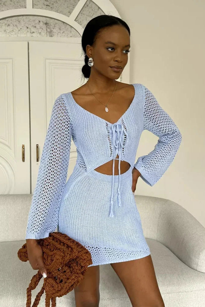 Summer Knit Beach Cover Up Dress – V-Neck Blue – Dcostaa