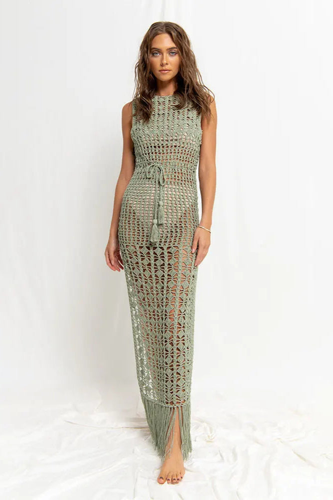 Sexy bikinis for women Green Mesh Crochet Beach Dress