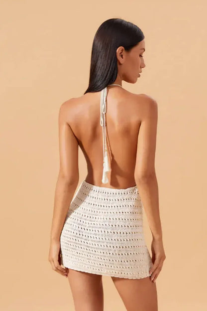 Backless Knit Mini Dress –  Tassel Strap Cover-Up for Beach or Club