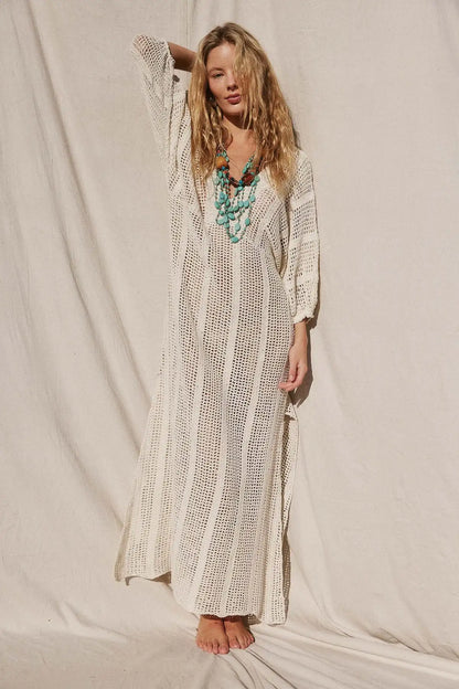 Elegant Knit Cover-Up Maxi Dress – V-Neck, See-Through, Side Split, Lantern Sleeves