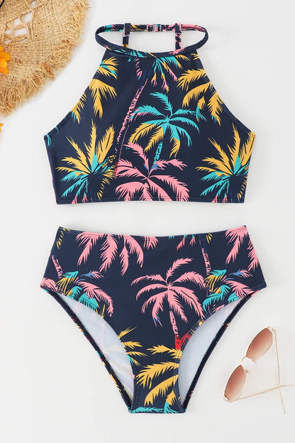 Tropical Palm Print Bikini Set – Sexy High Neck Brazilian Two-Piece