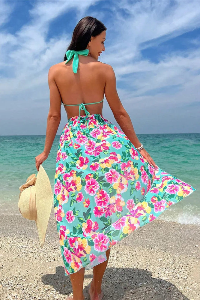 3-Piece Micro Bikini Set with Floral Beach Skirt Cover-Up