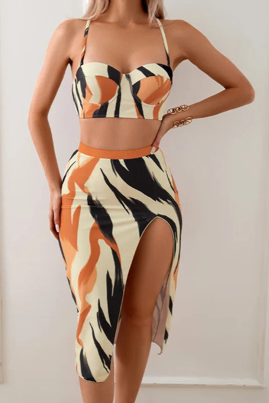 High Waist Bikini Swimsuit Set – 3-Piece with Matching Sarong Skirt