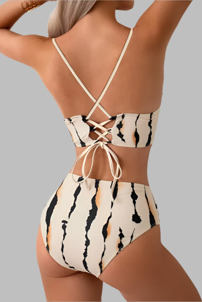 Bold Prints & Curves – High-Waisted Two-Piece Cross Back Swim Set