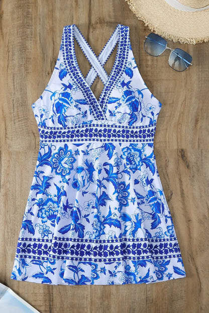 Floral Print Deep V Tankini Set - Vintage High Waist Two-Piece Swimsuit