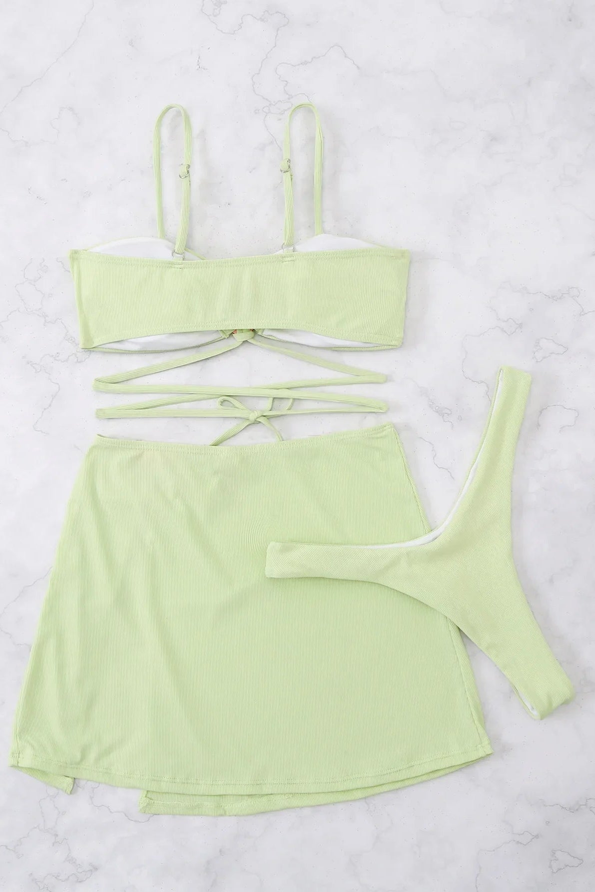 3-Piece Ribbed Swimwear with Skirt Coverup - Green