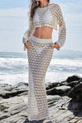Sheer Crochet Long Sleeve Two Piece Beach Cover Up Set