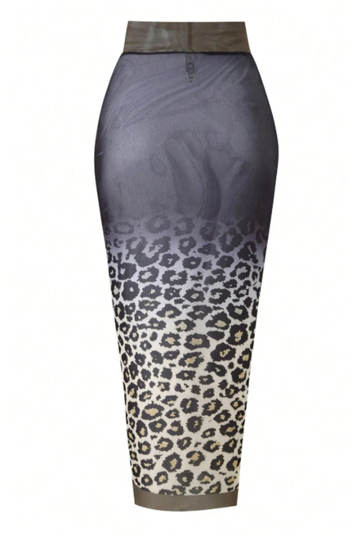 Skirt with gradient design from gray to leopard print on a white background