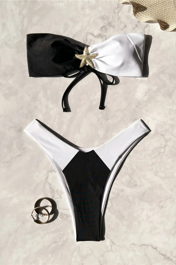 Sleek bandeau neckline with wire-free support creates a stylish, feminine swimwear silhouette with a contemporary feel.