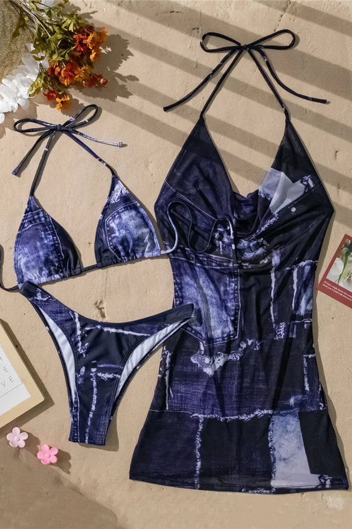 Soft denim-inspired hue creates a casual yet polished aesthetic, lightweight halter neck mini mesh dress with lace-up detail