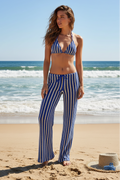 Striped Halter Bikini With Cover up Pants Three-pieces Bikini set - Blue