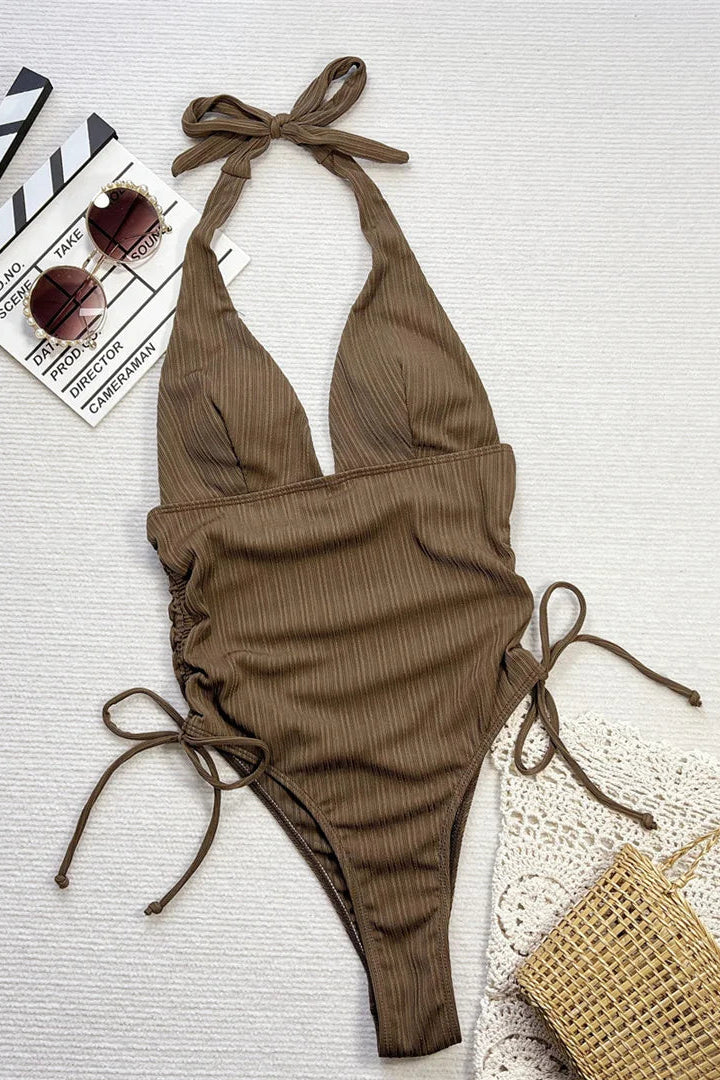 Stylish  Sexy V Neck Halter One Piece Swimsuit