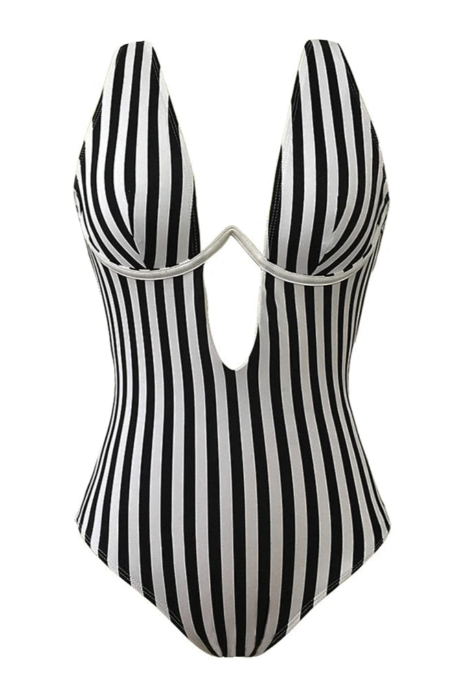 Stylish V-Bar Striped Underwire One Piece Swimsuit