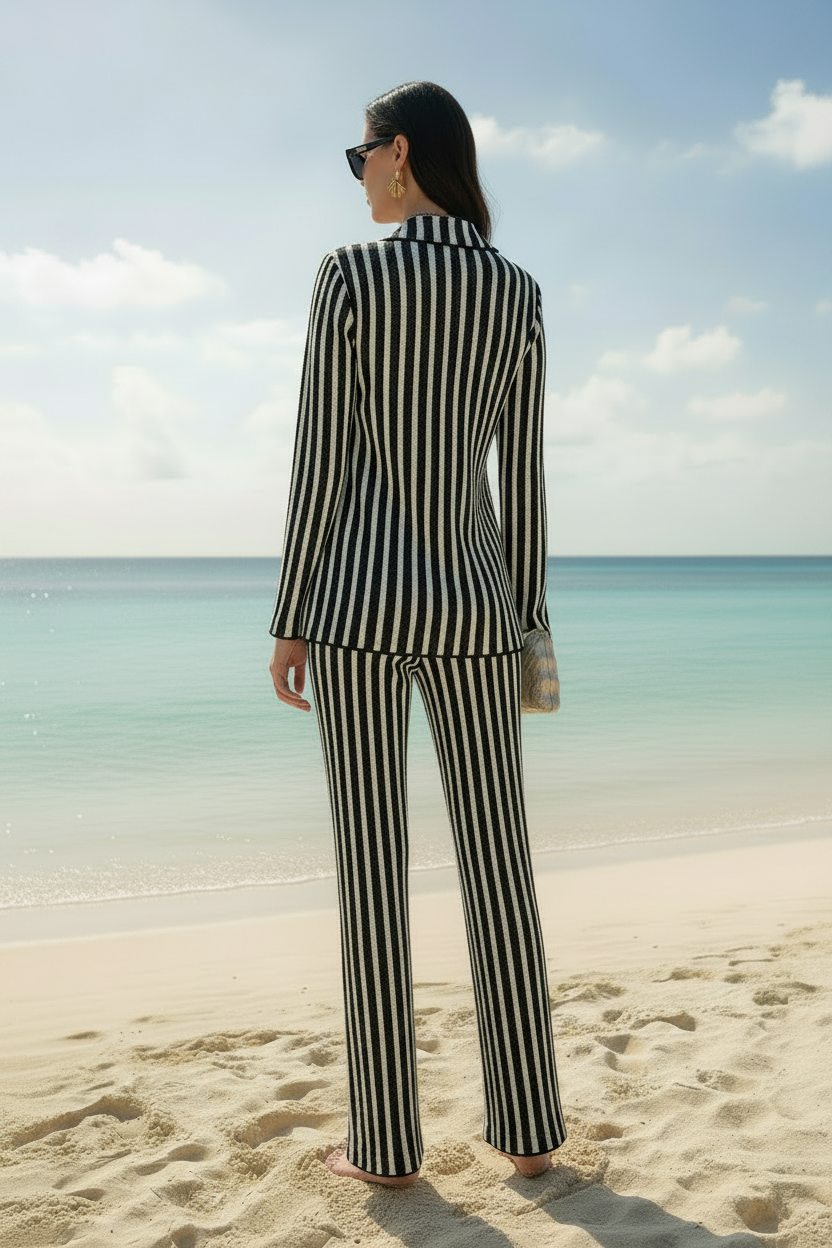 Stylish black and beige striped bikini set featuring a coordinated four-piece set