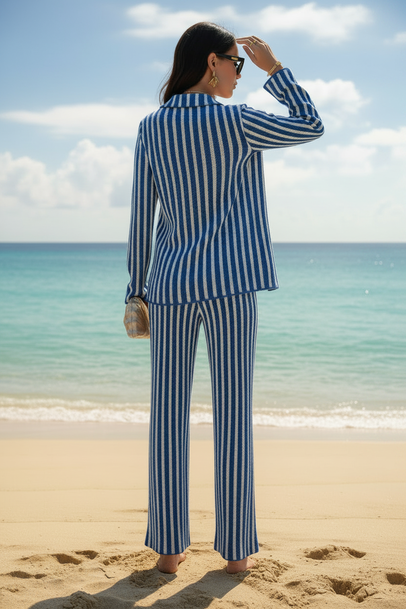 Stylish blue and beige striped bikini set featuring a coordinated four-piece set