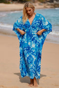 Stylish maxi-length beach kaftan featuring a bold blue Tie Diy print and flowing silhouette