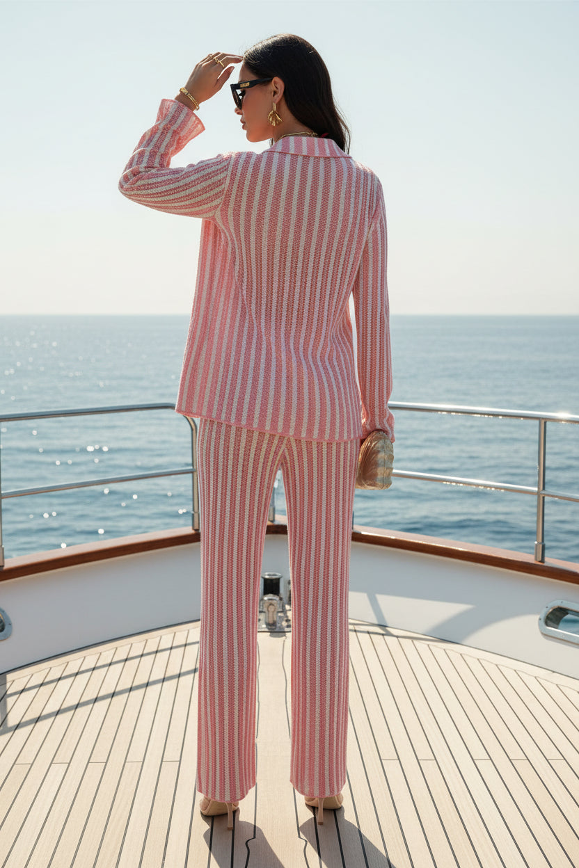 Stylish pink and beige striped bikini set featuring a coordinated four-piece set