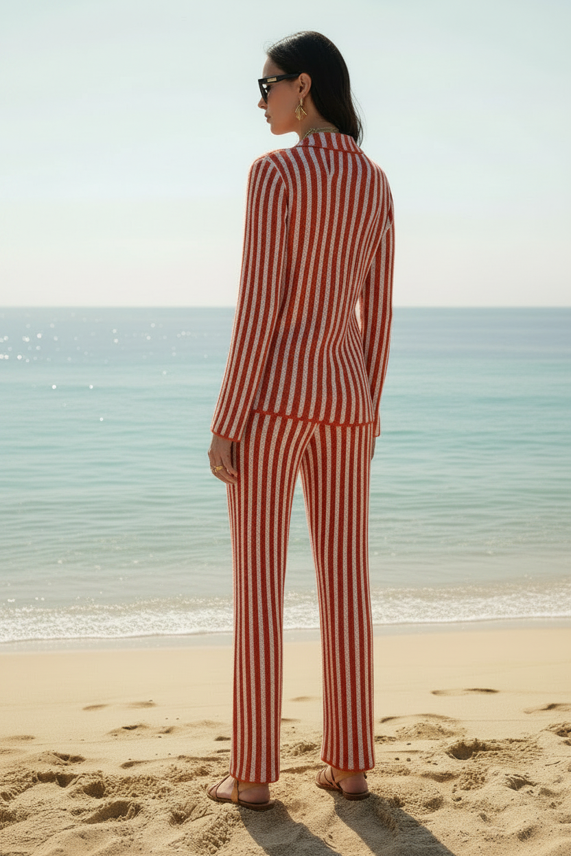 Stylish red and beige striped bikini set featuring a coordinated four-piece design for elevated beachwear and resort wear styling.