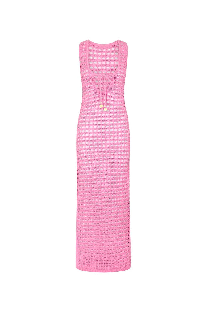 Stylish solid pink Crochet style key holes knit beach cover-up for women