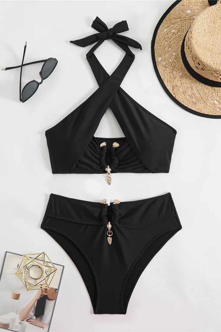 Summer bikinis Solid Halter Neck Cut Out High Waist Bikini 