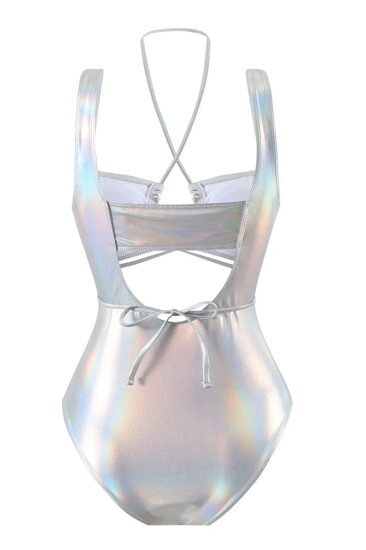 Trendy swimwear  Shiny PU Faux Leather Cut Out Halter Monokini