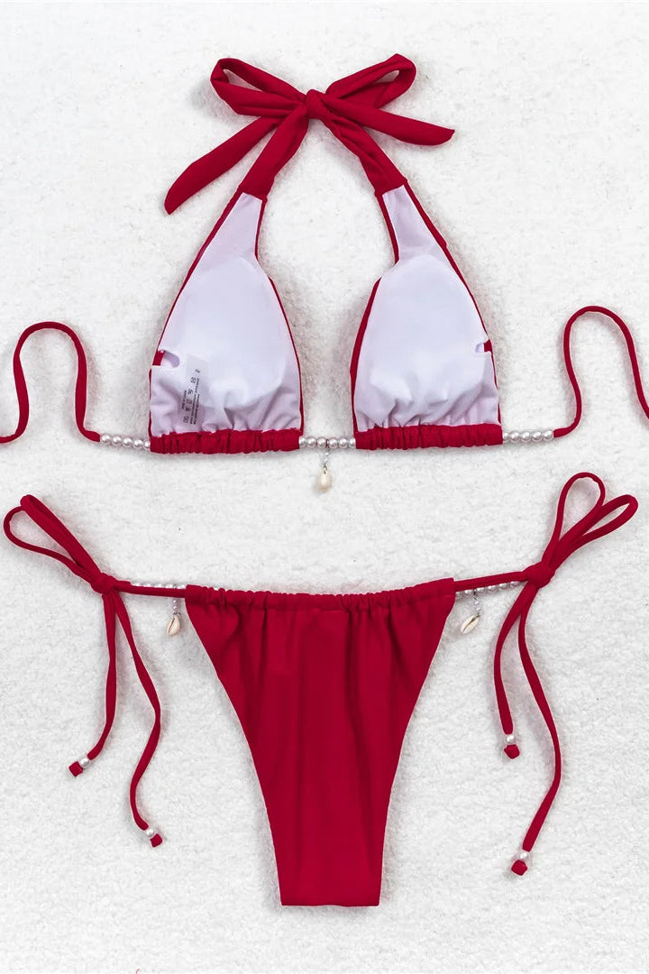 Two-piece swimsuit Pearl Detail Halter Strappy High Leg Bikini Set Swimwear for Women
