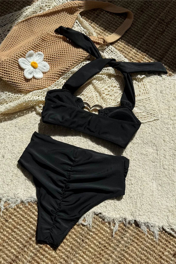 Two-piece swimsuit  Solid Color Halter Scrunch Butt High Waist Bikini Set