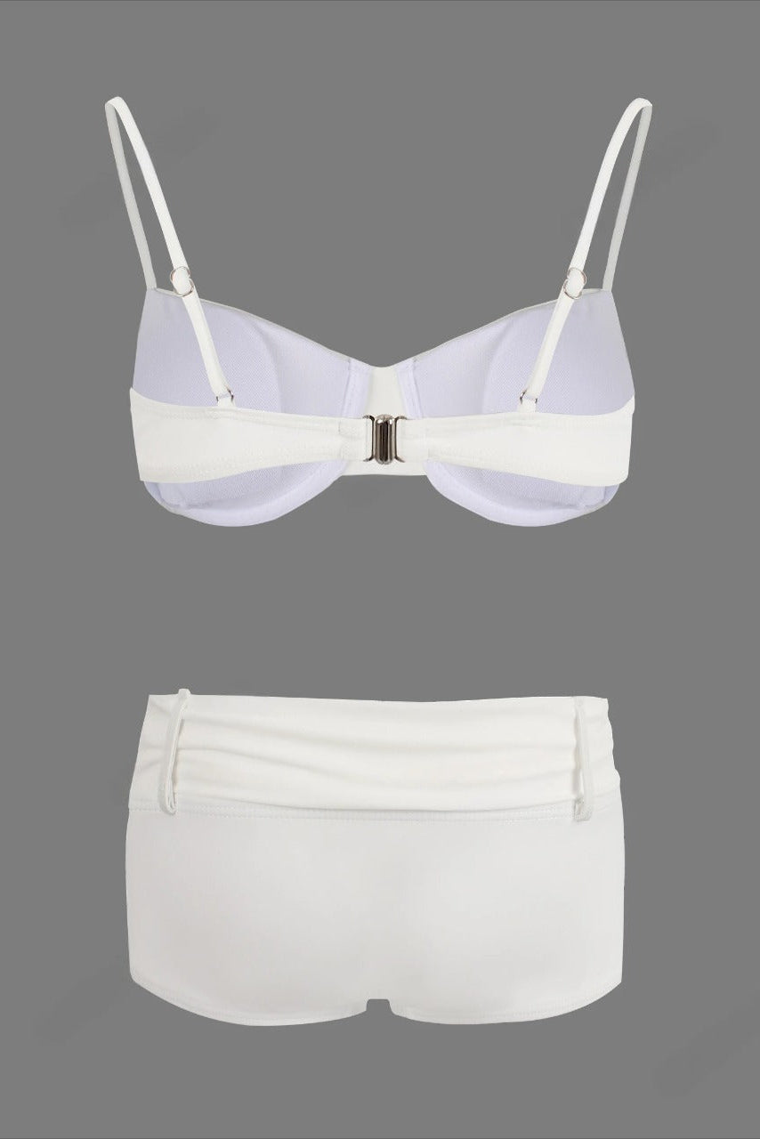 Underwire White Bikini set featuring a spaghetti-strap and low waist shorts