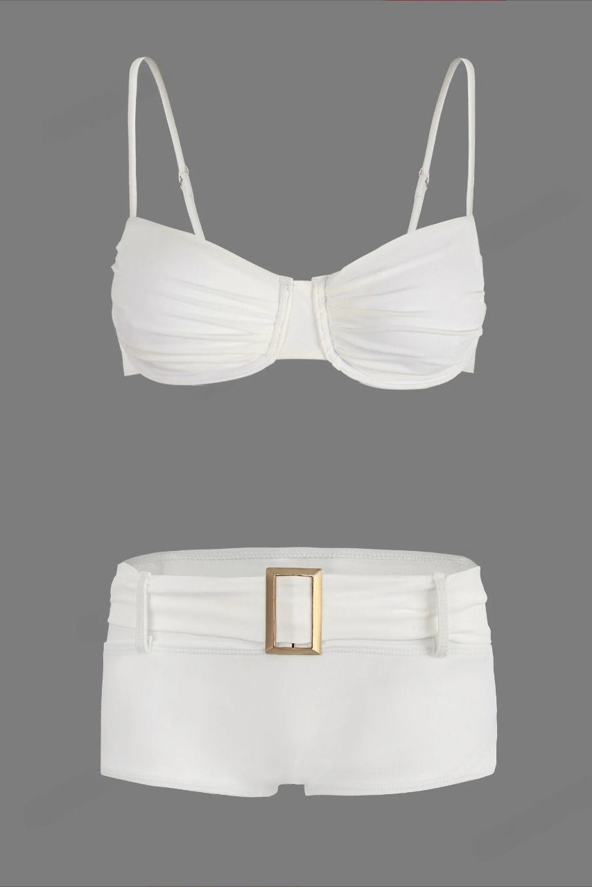 Underwire White Bikini set featuring a spaghetti-strap and low waist shorts at Dcostaa swimwear