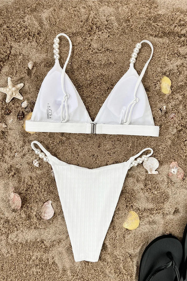 V neck white with stripes structure bikini set for women