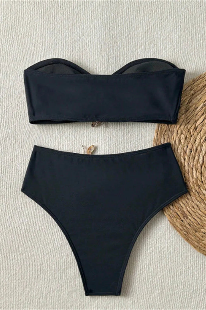 Vacation bikini Black Bandeau Metal Ring High Waist Bikini Set for Women