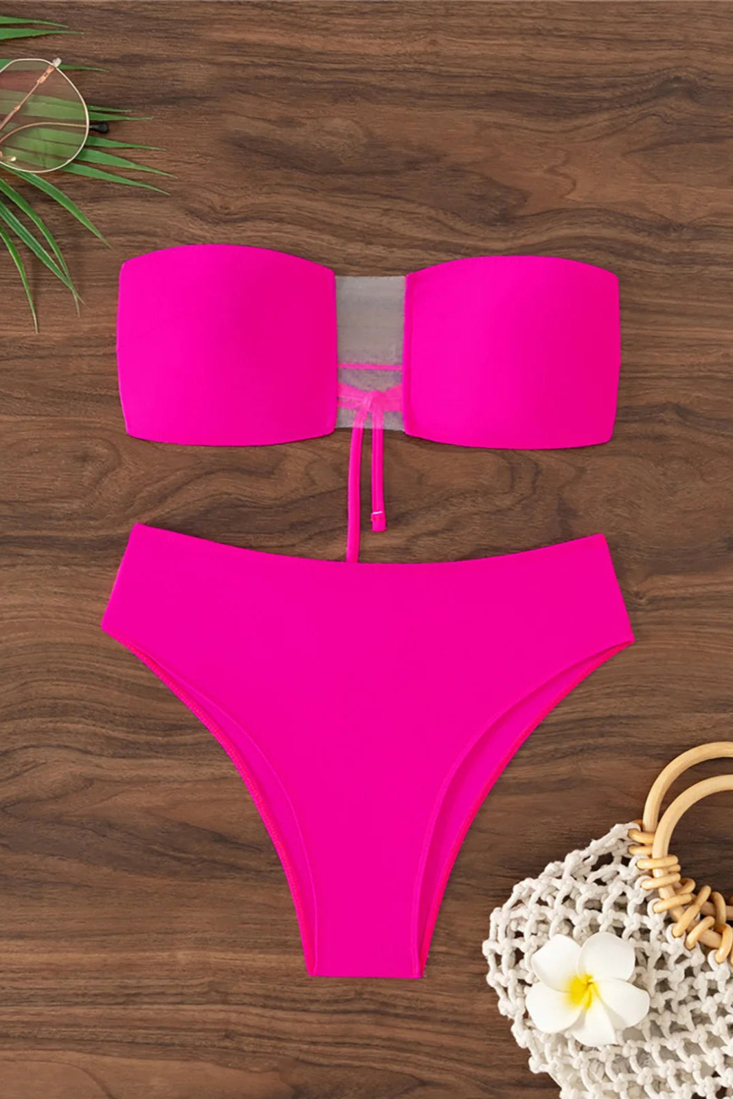 Vacation bikini Hot Pink Sheer Bandeau High Waist Bikini Set for Women