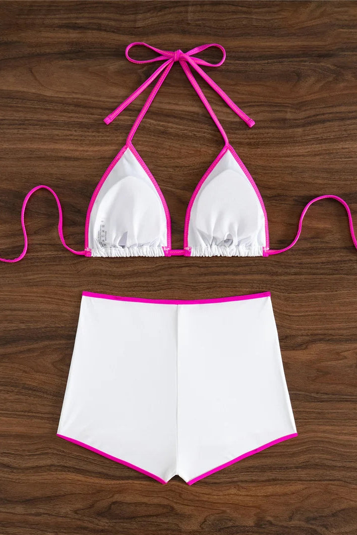 Vacation bikini Pink-Trimmed White Halter Bikini Set with Mid Waist Bottoms