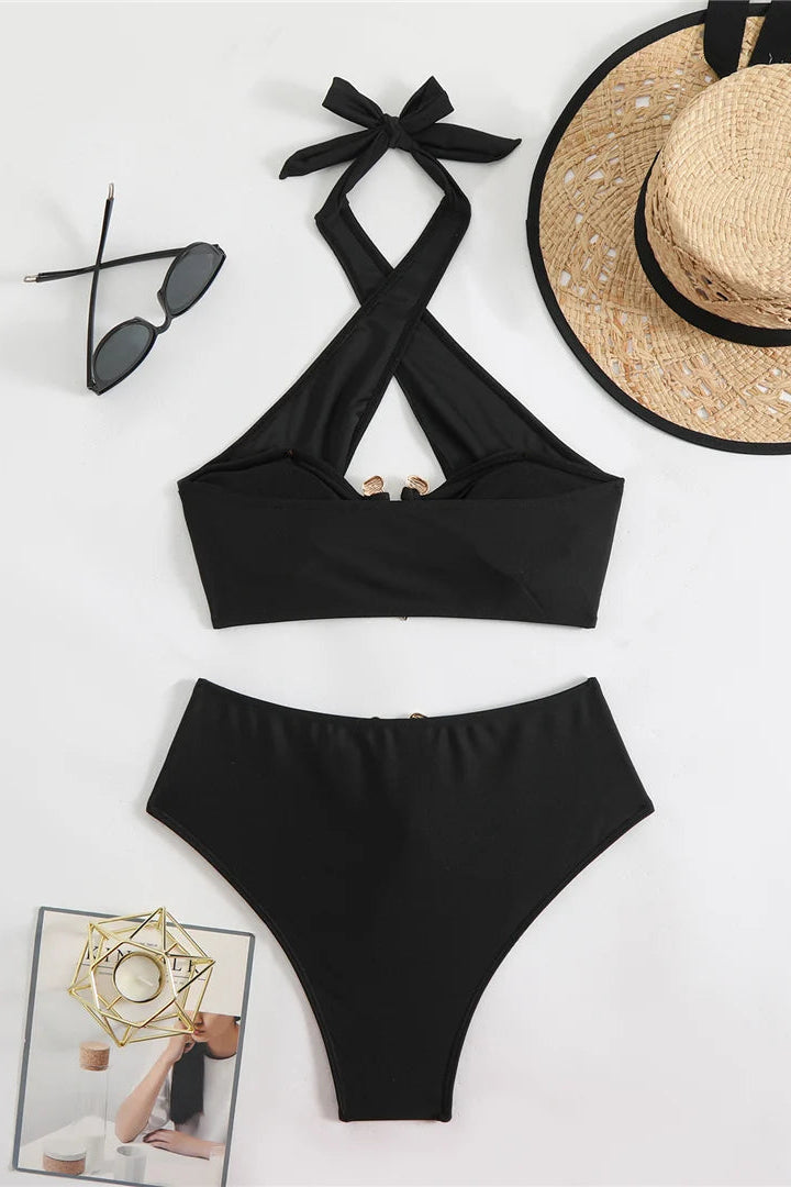Vacation bikini Solid Halter Neck Cut Out High Waist Bikini 