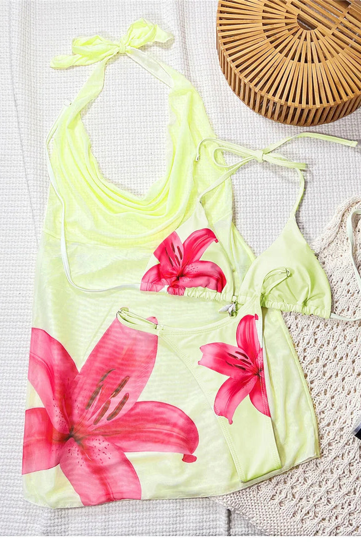 White Bikini Set with Floral mini Plunging Neck Cover Up