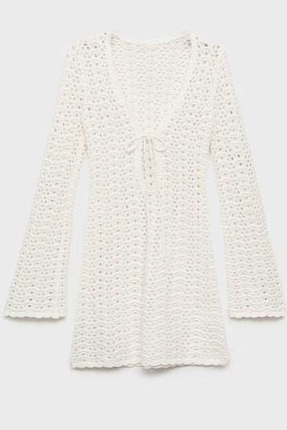 White Deep V Knit Mini Dress Swimsuit Cover-Up