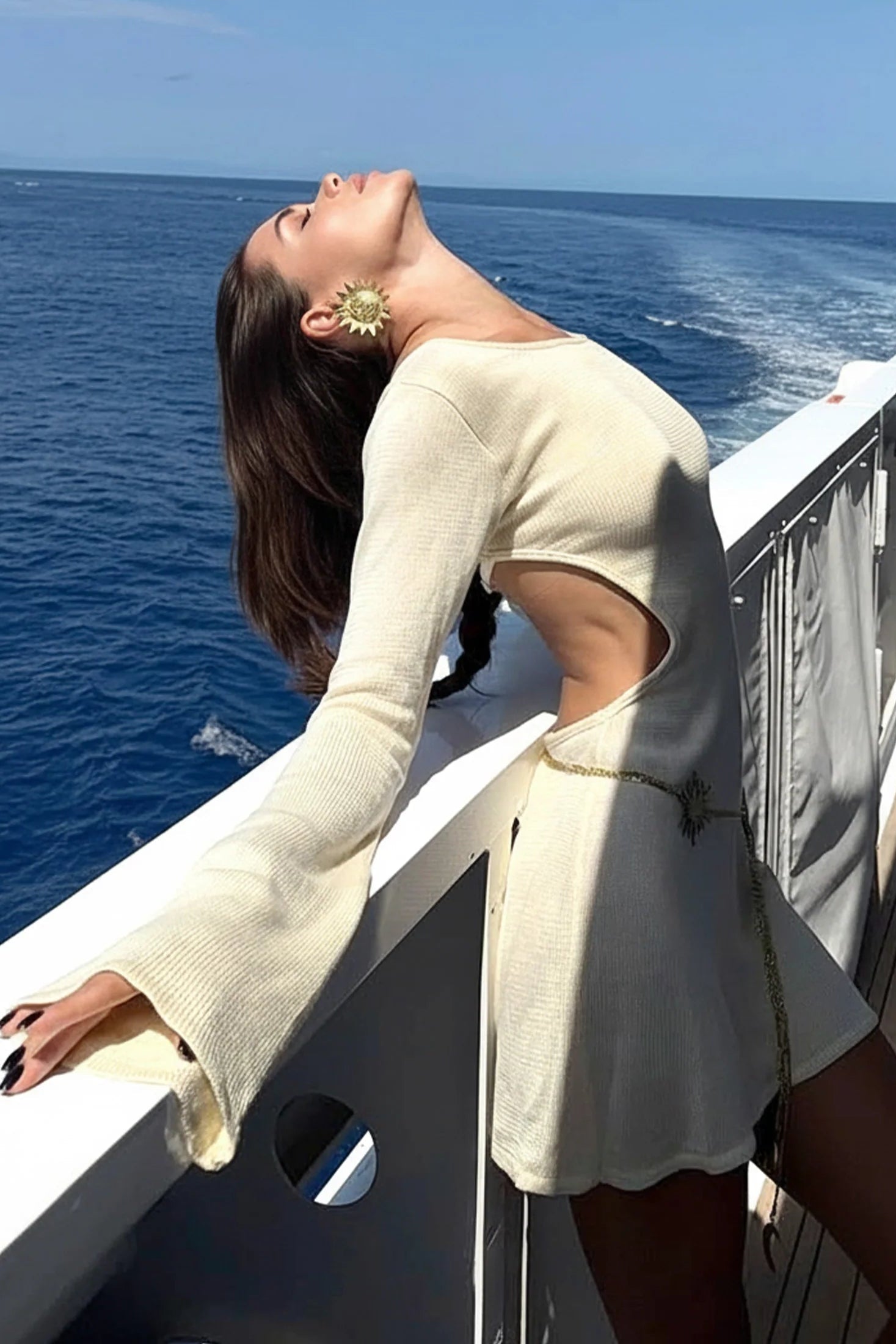 White Sexy Knit Backless Beach Mini Dress with long flowy sleeves