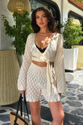 White Sexy Knit Wrap Top + Shorts Two Piece Vacation Set 