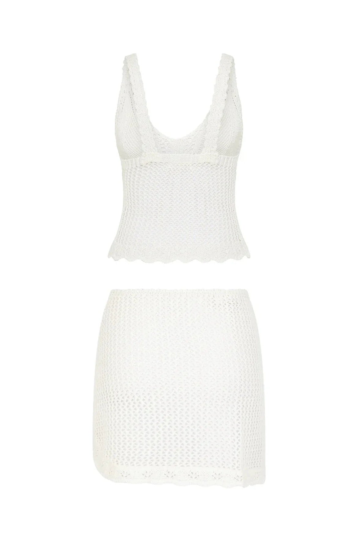 White Solid Knit 2-Piece Swimsuit Cover Up Versatile crochet beach mini sarong in matching knit fabric