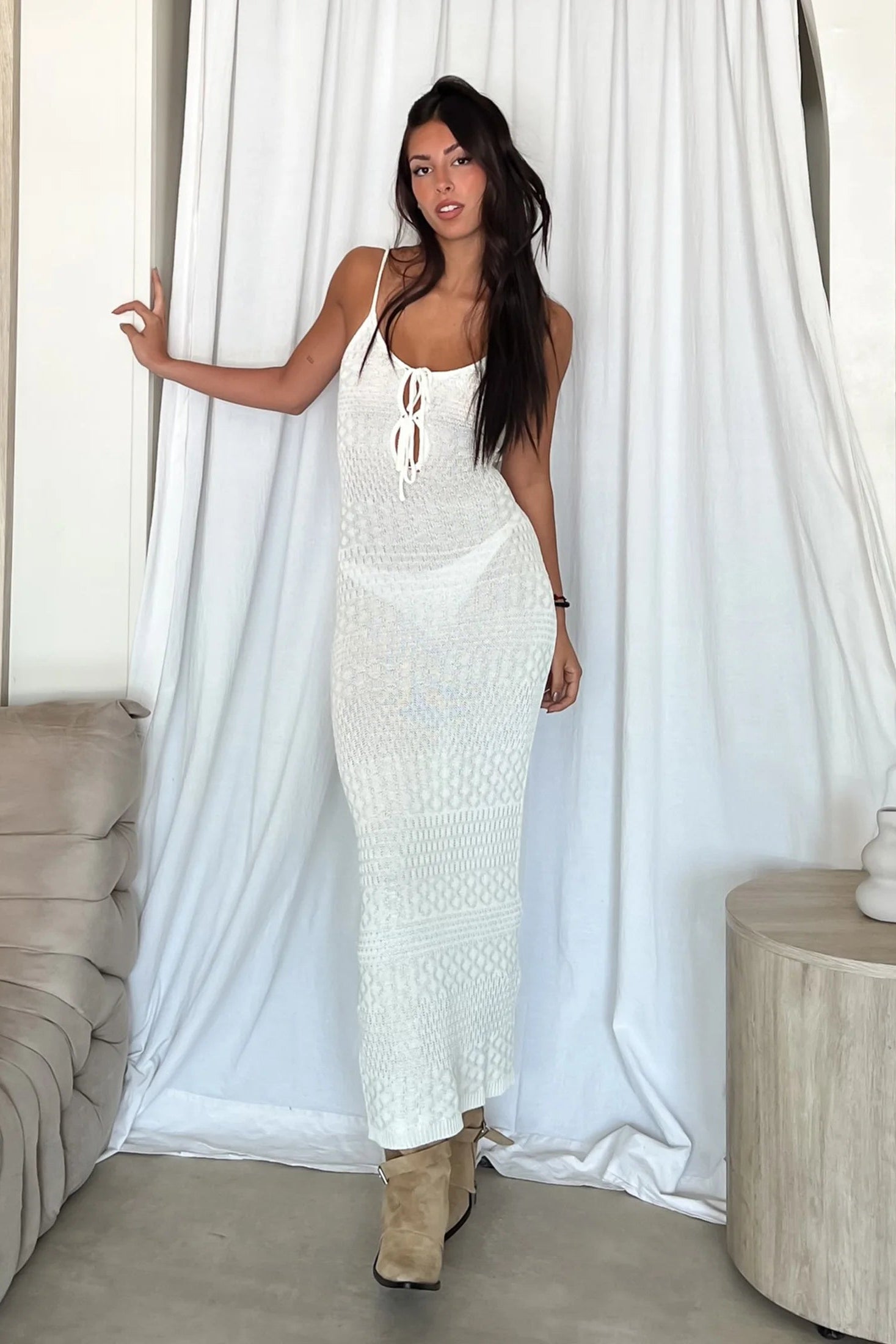 Solid Lace Up Front Knit Sleeveless Maxi Beach Dress