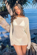 White Solid Loose Crochet Knit Mini Beach Cover Up