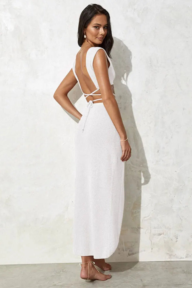 White Two-Piece Knit Cover-Up Maxi Dress