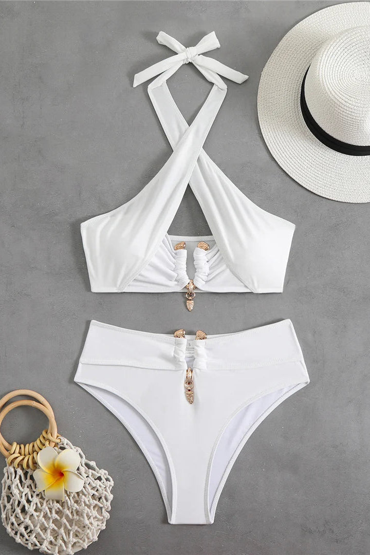 White bikini set with a halter neck 
