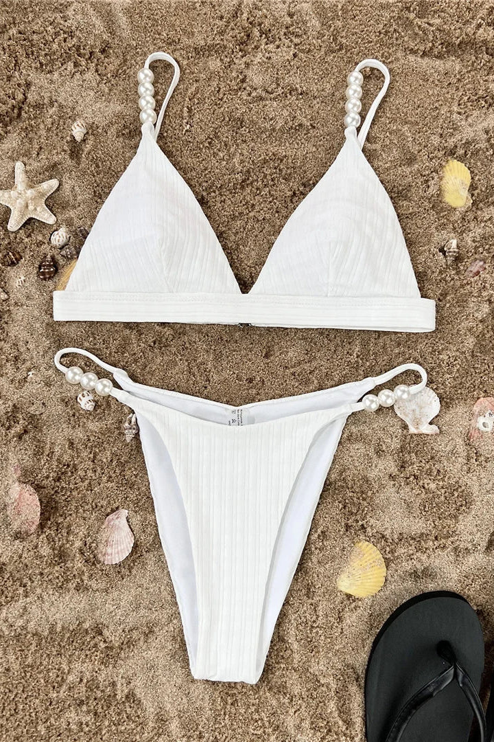 White bikini set with pearl embellishment padded swimwear 