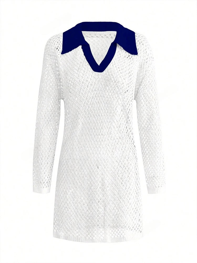 White cover up dress with a blue collar on a white background
