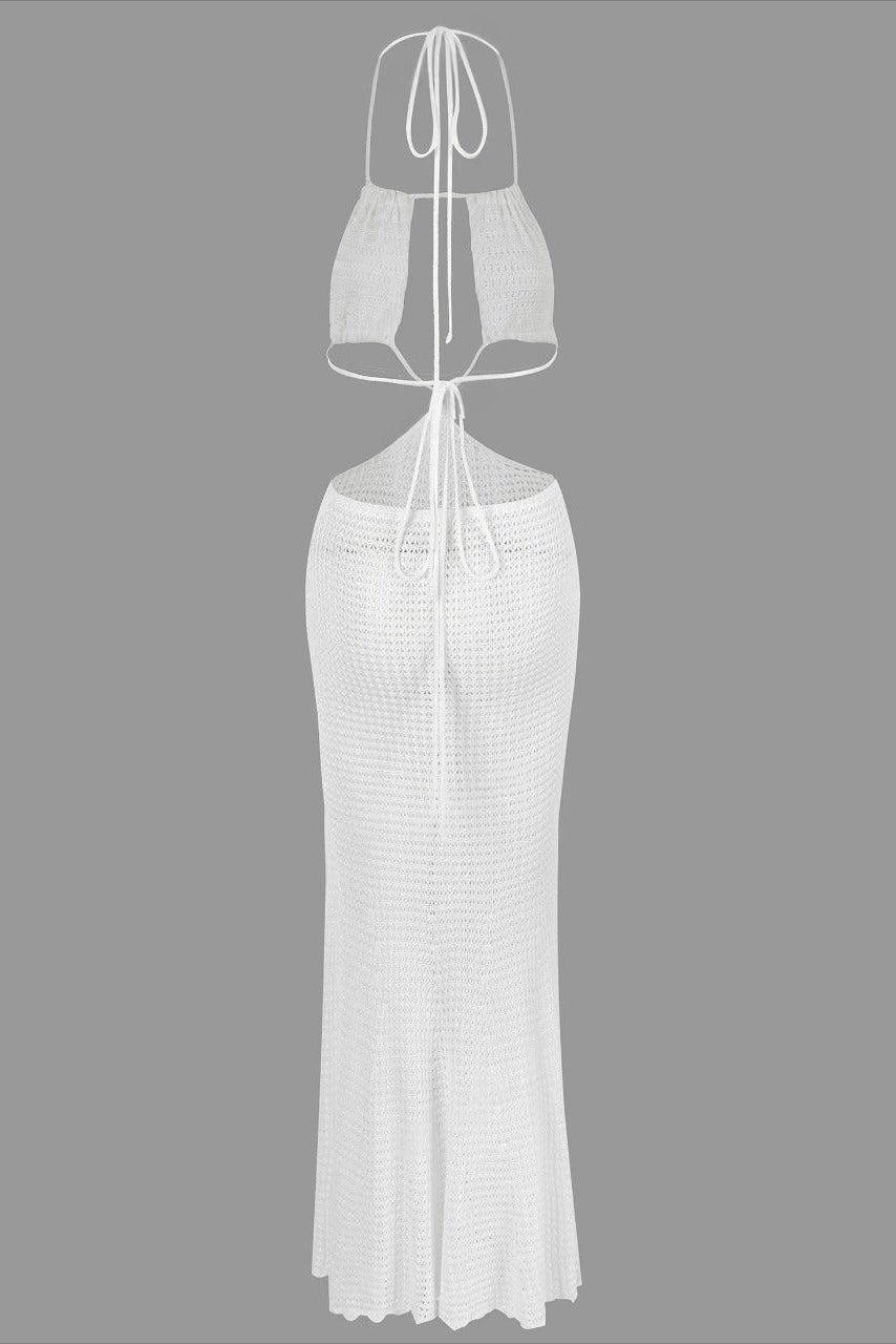 White crochet style backless beach maxi dress with side slit and halter neck 